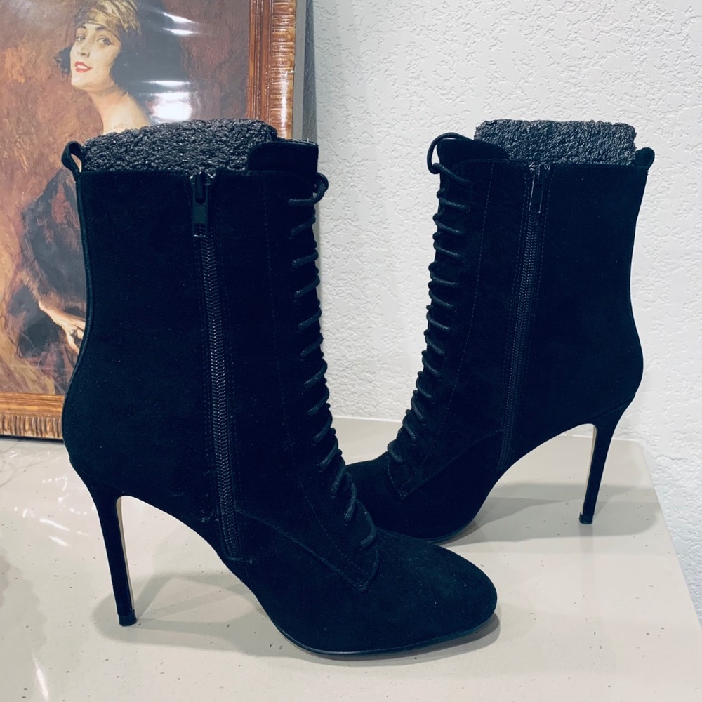 Black suede sexy lacy-up boots, Renvy